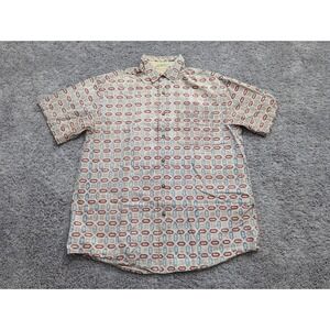 Orvis Button Up Shirt Mens Large Short‎ Sleeve Cotton Beige Geometric